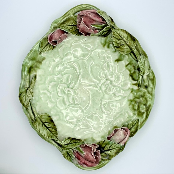Vintage Majolica Pottery Platter 12” Green Leaves Pink Capodimonte Raised Roses - Picture 9 of 16